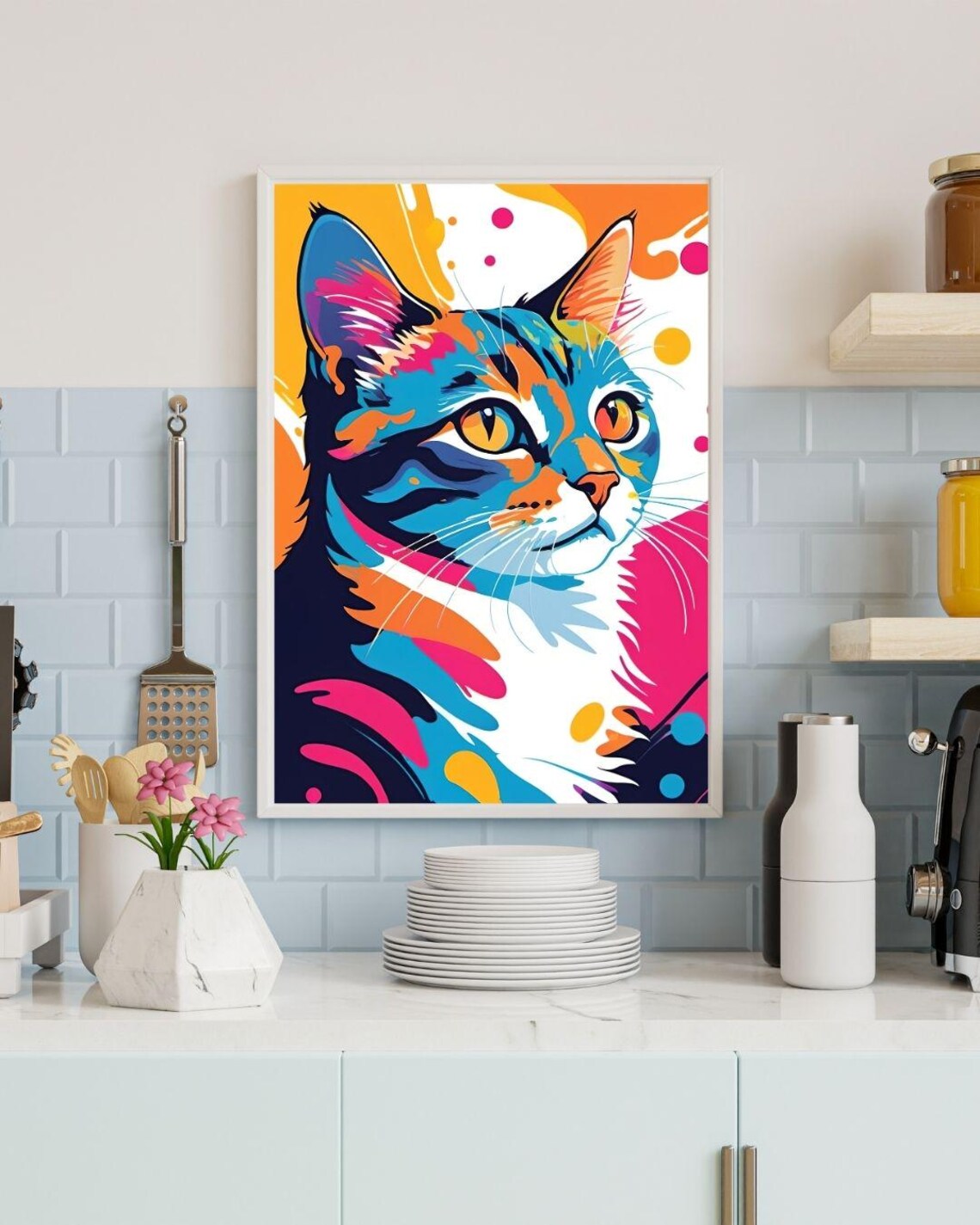 Colorful Pop Art Cat Portrait Orange Blue Pink Playful Animal Wall Art - Image 4