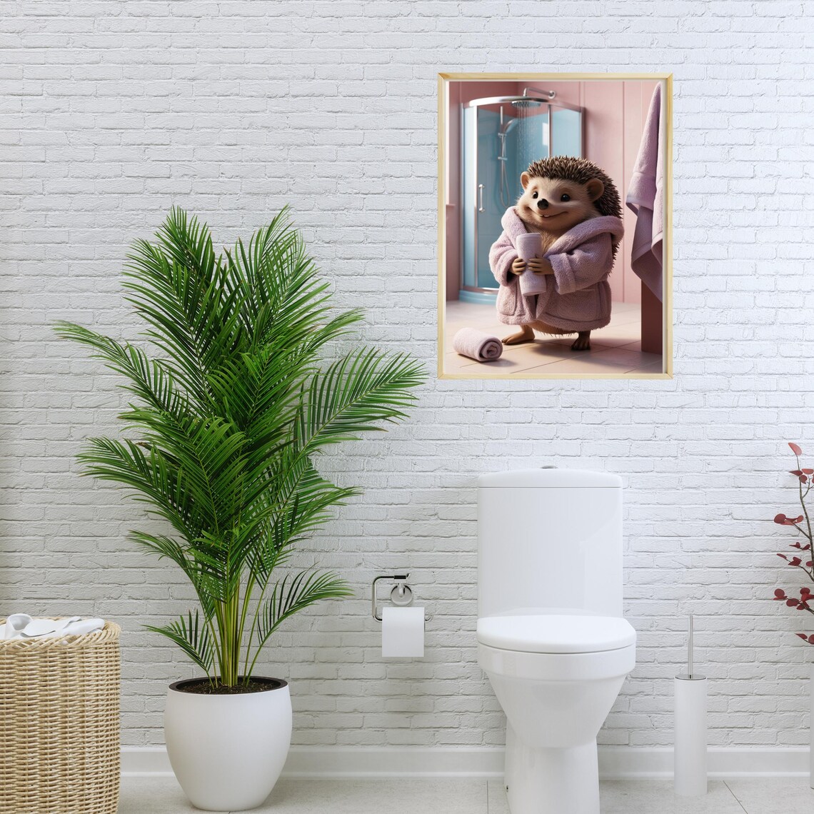 Cheerful Hedgehog In Lavender Bathrobe Holding Towel By Shower Poster - Image 3