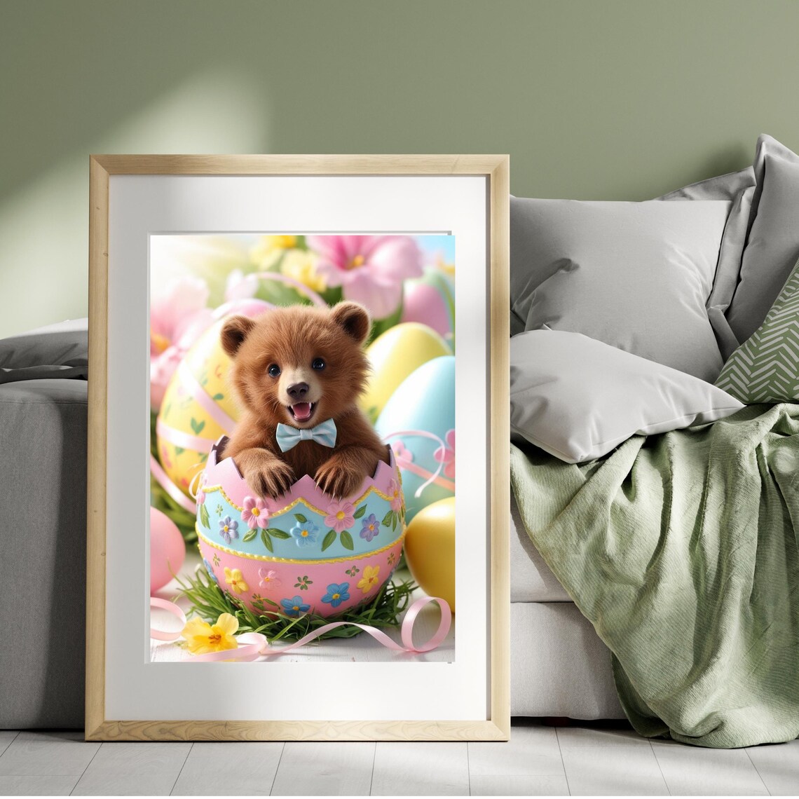 Baby Bear With Bow Tie Sitting In Decorated Easter Egg Poster - Image 4