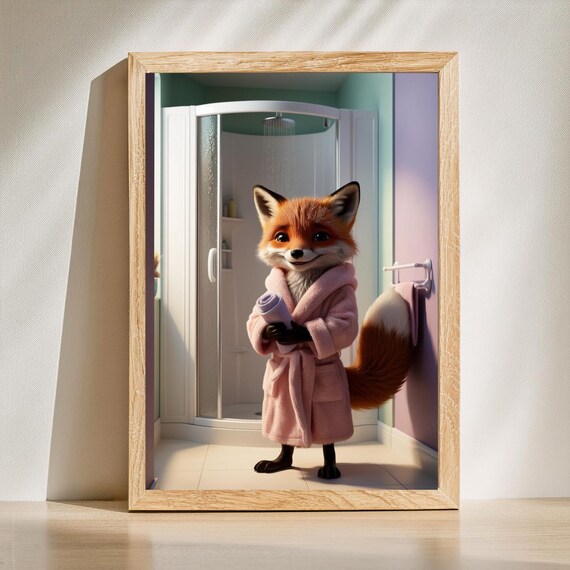 Cute Smiling Fox In Pink Bathrobe Holding Towel In Bathroom Poster