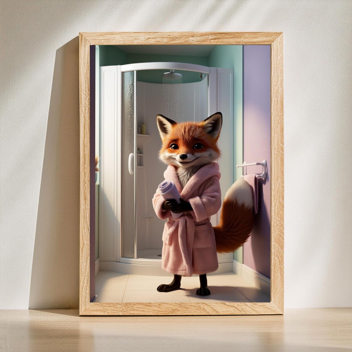 Cute Smiling Fox In Pink Bathrobe Holding Towel In Bathroom Poster
