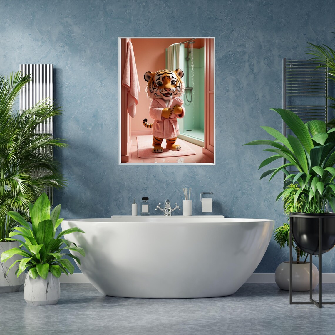 Adorable Tiger Cub In Pink Bathrobe Standing In Bathroom Poster - Image 5