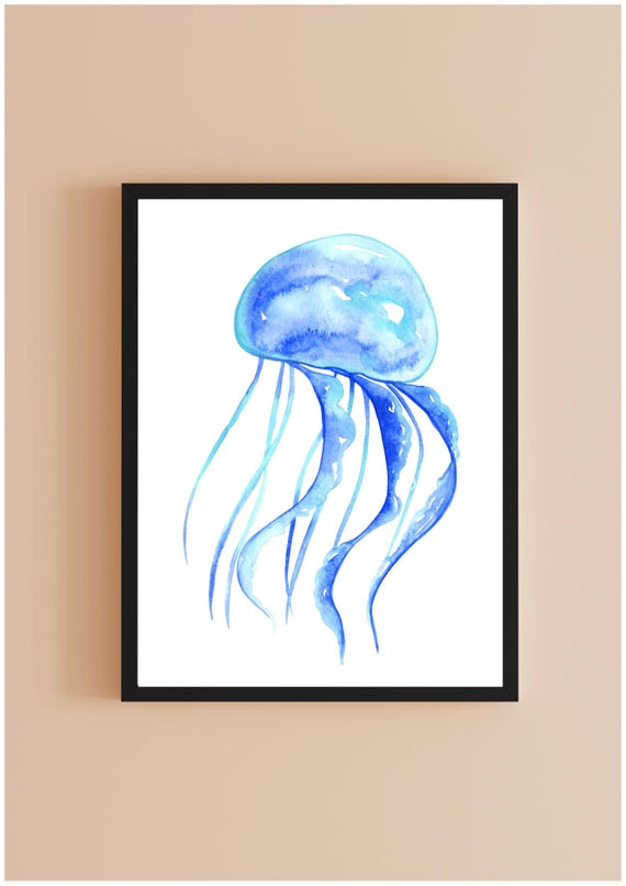 Blue Jellyfish Watercolor Print Coastal Sea Life Wall Art