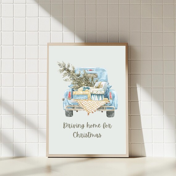 Driving Home For Christmas Blue Truck Tree Watercolor Art Print