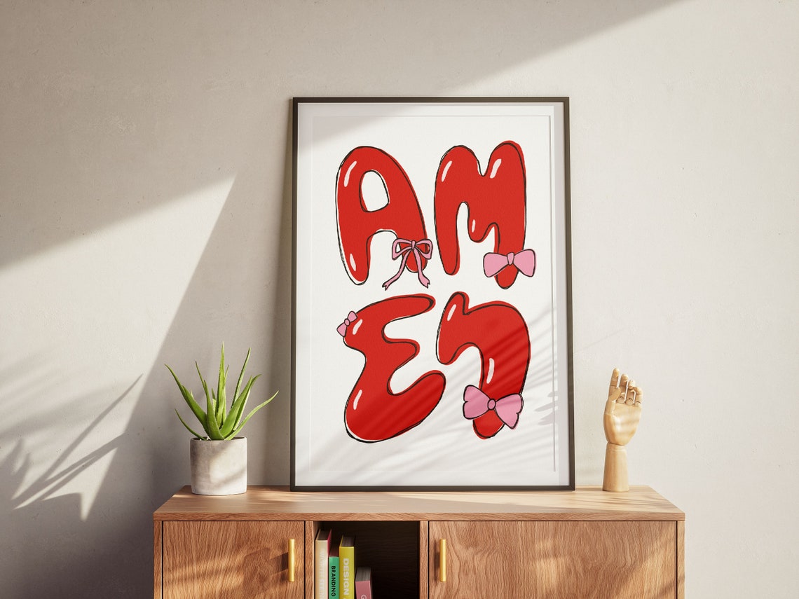 Amen Red Bubble Letters Pink Bows Retro Christian Faith Poster - Image 2