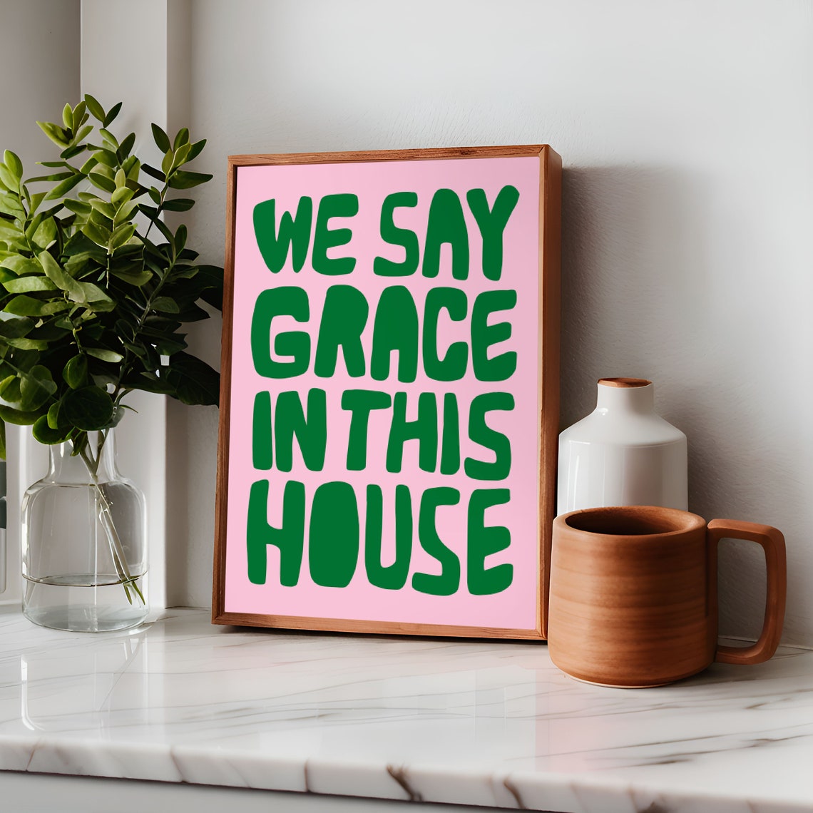 We Say Grace in This House Pink Green Retro Kitchen Decor Poster - Image 3