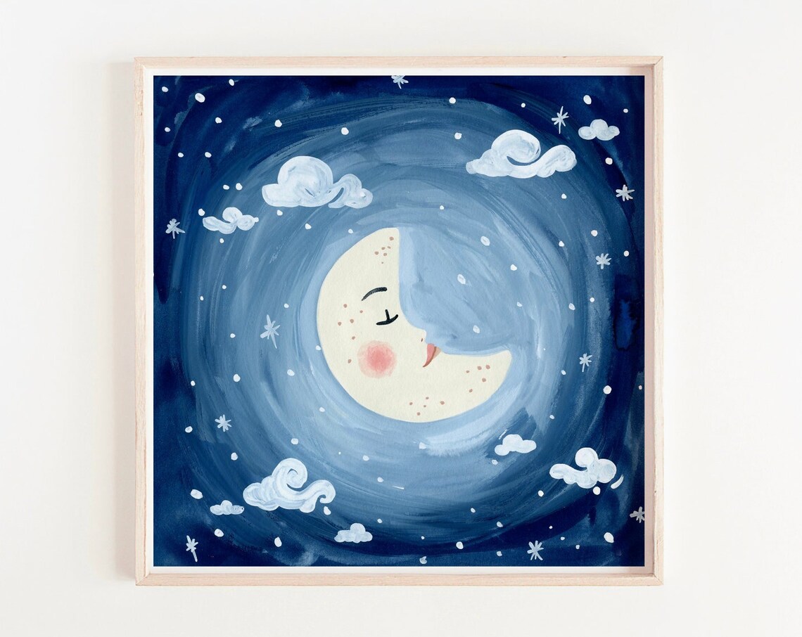 Sleeping Moon Night Sky Nursery Art Print