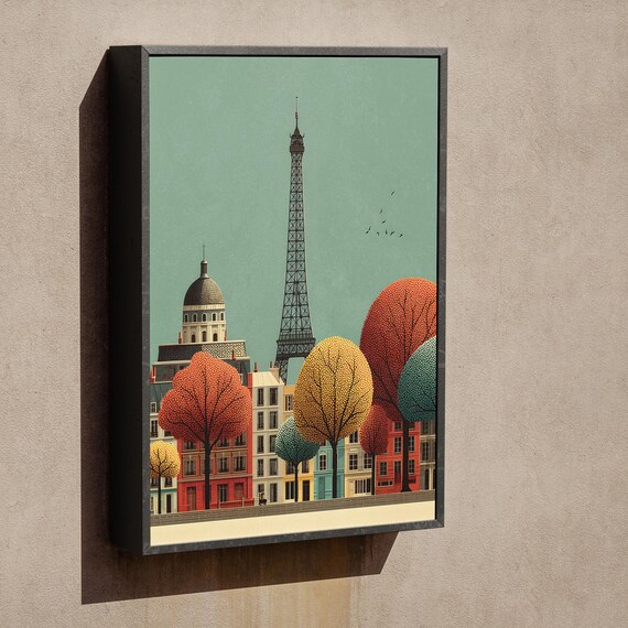 Paris Autumn Poster with Eiffel Tower and Colorful Fall Trees Cityscape Art