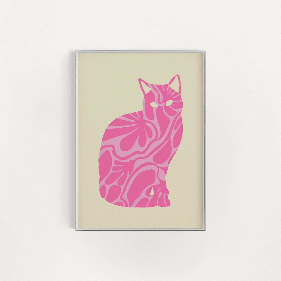 Pink Cat Silhouette Flowing Wavy Pattern Cream Modern Cat Lover Poster