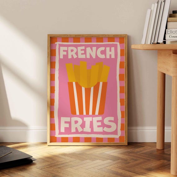 French Fries Print Retro Poster Modern Kitchen Wall Art Pink Preppy Dorm Decor Bar Cart Apartment
