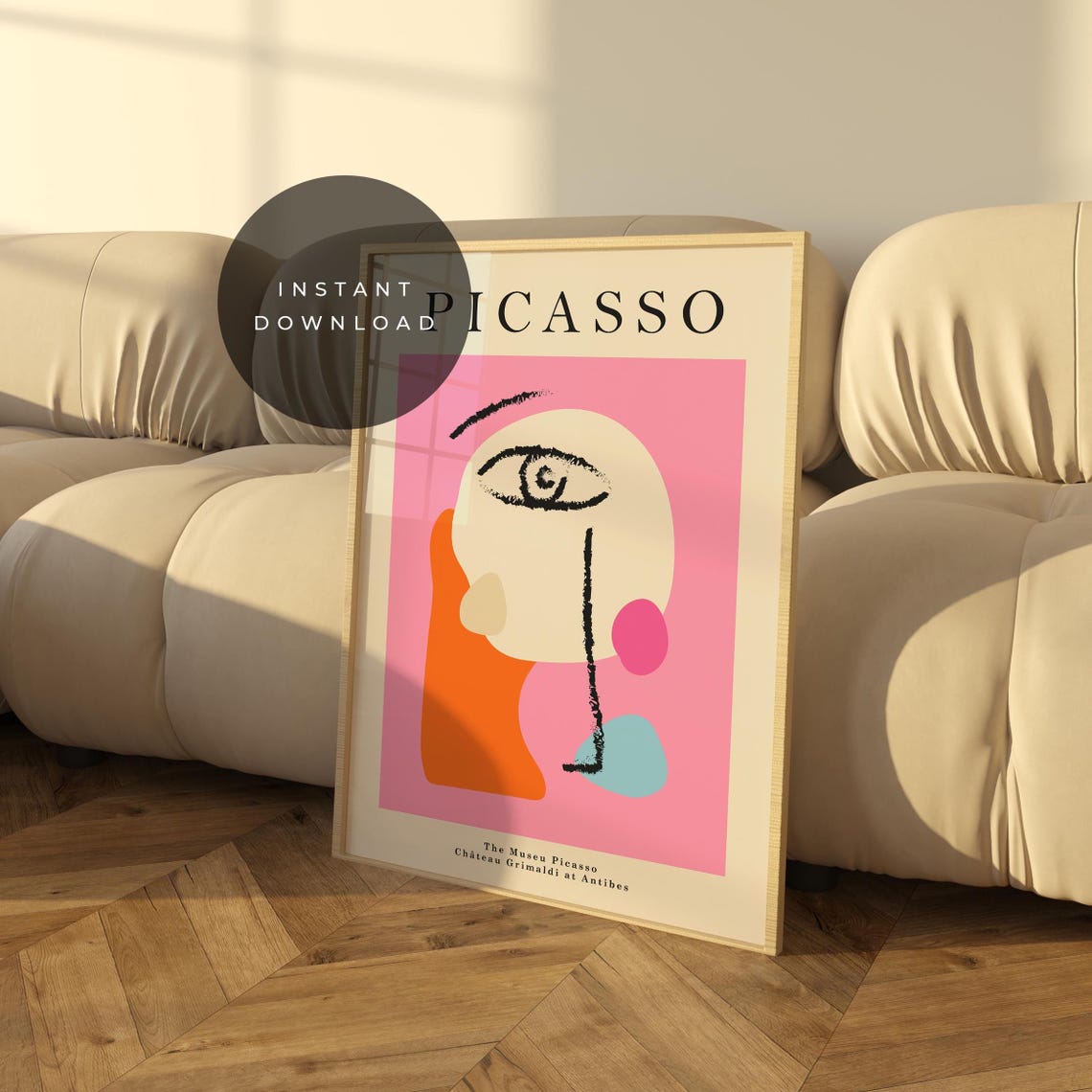 Picasso Inspired Abstract Face Line Art Poster Pink Orange Boho Style