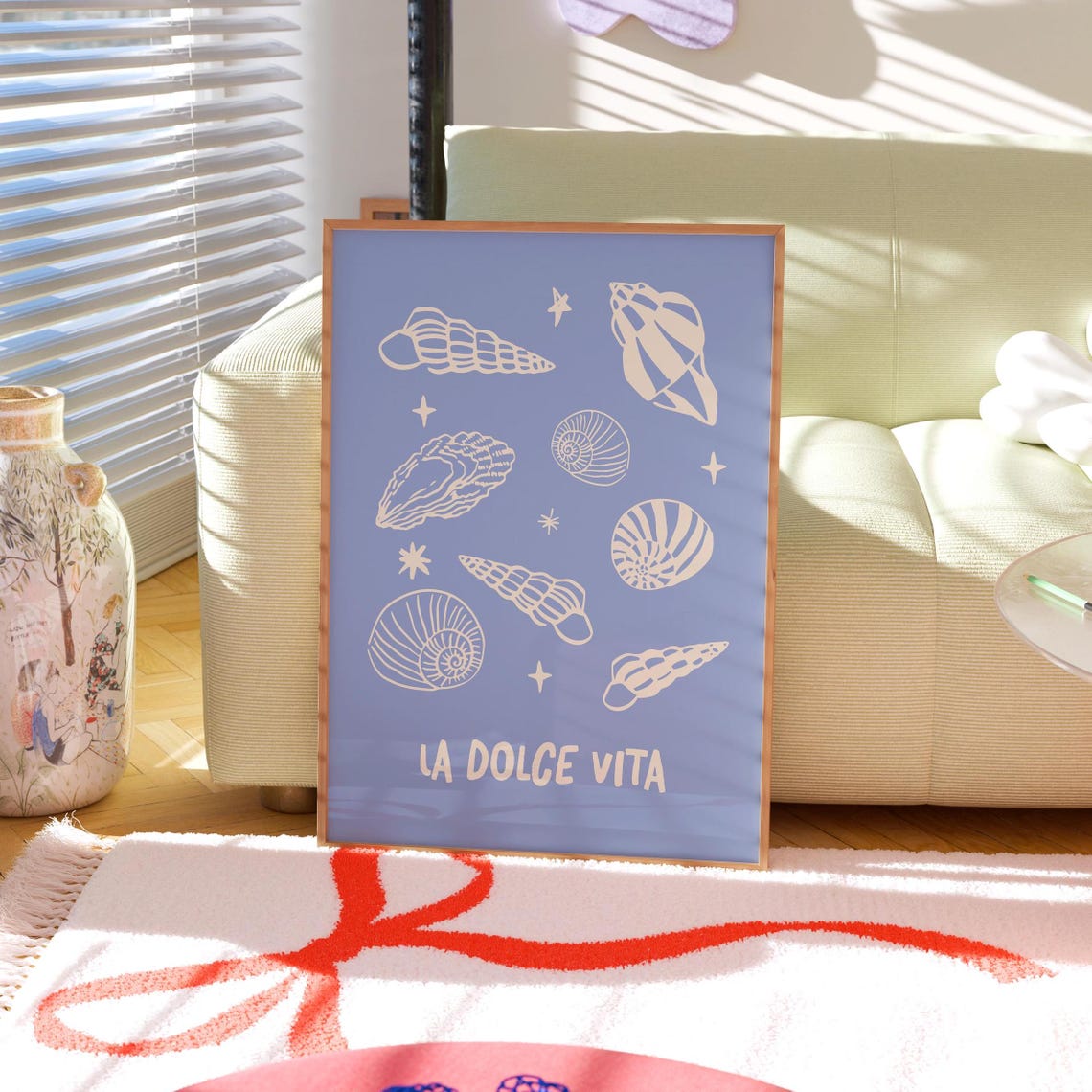 La Dolce Vita White Shell Line Art Blue Coastal Style Poster