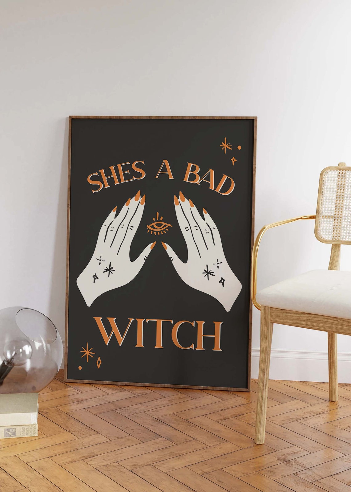 Shes A Bad Witch Hands Evil Eye Orange on Black Gothic Wall Art - Image 6