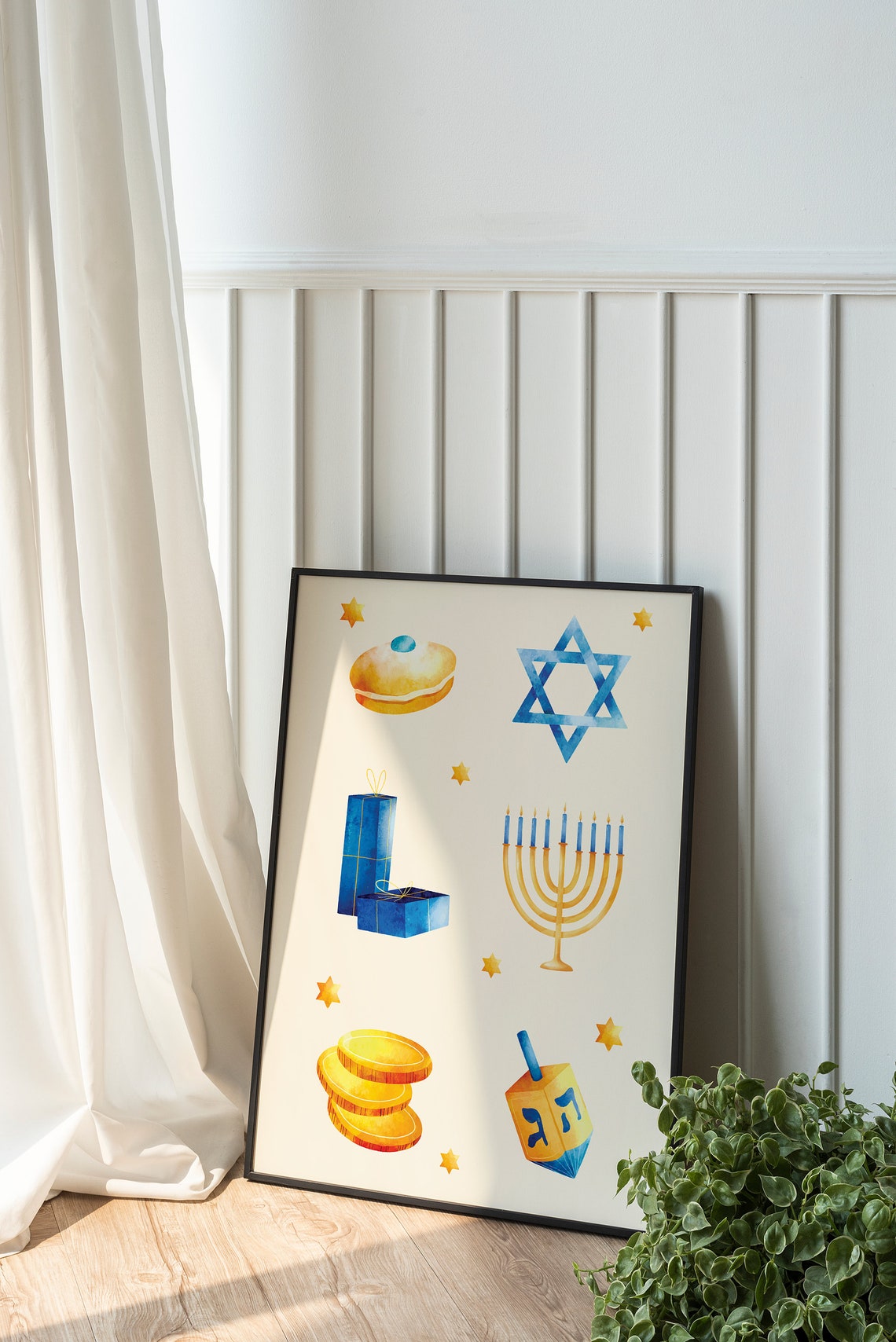 Hanukkah Symbols Menorah Dreidel Donut Watercolor Holiday Poster - Image 6