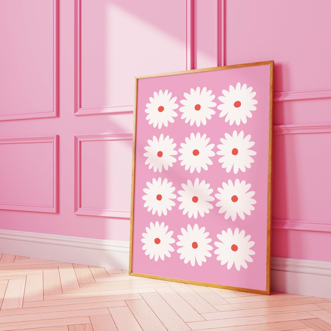 White Daisy Grid Soft Pink Background Retro Floral Art Poster - Image 2