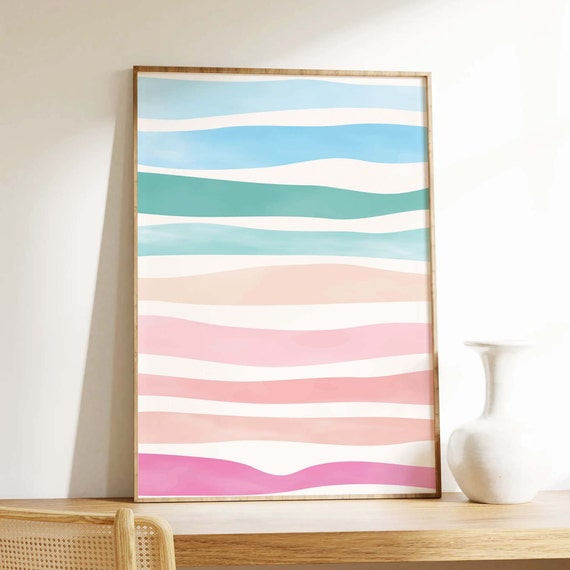 Abstract Colorful Waves Print Art Cute Summer Art Print Rainbow Girly Wall Art Trendy Beach House Decor
