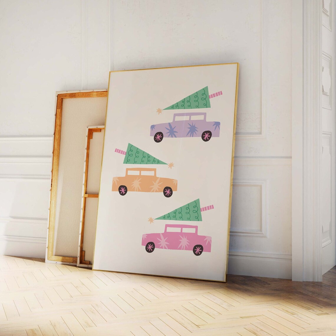 Pastel Cars Carrying Christmas Trees Retro Holiday Drive Poster - Image 4