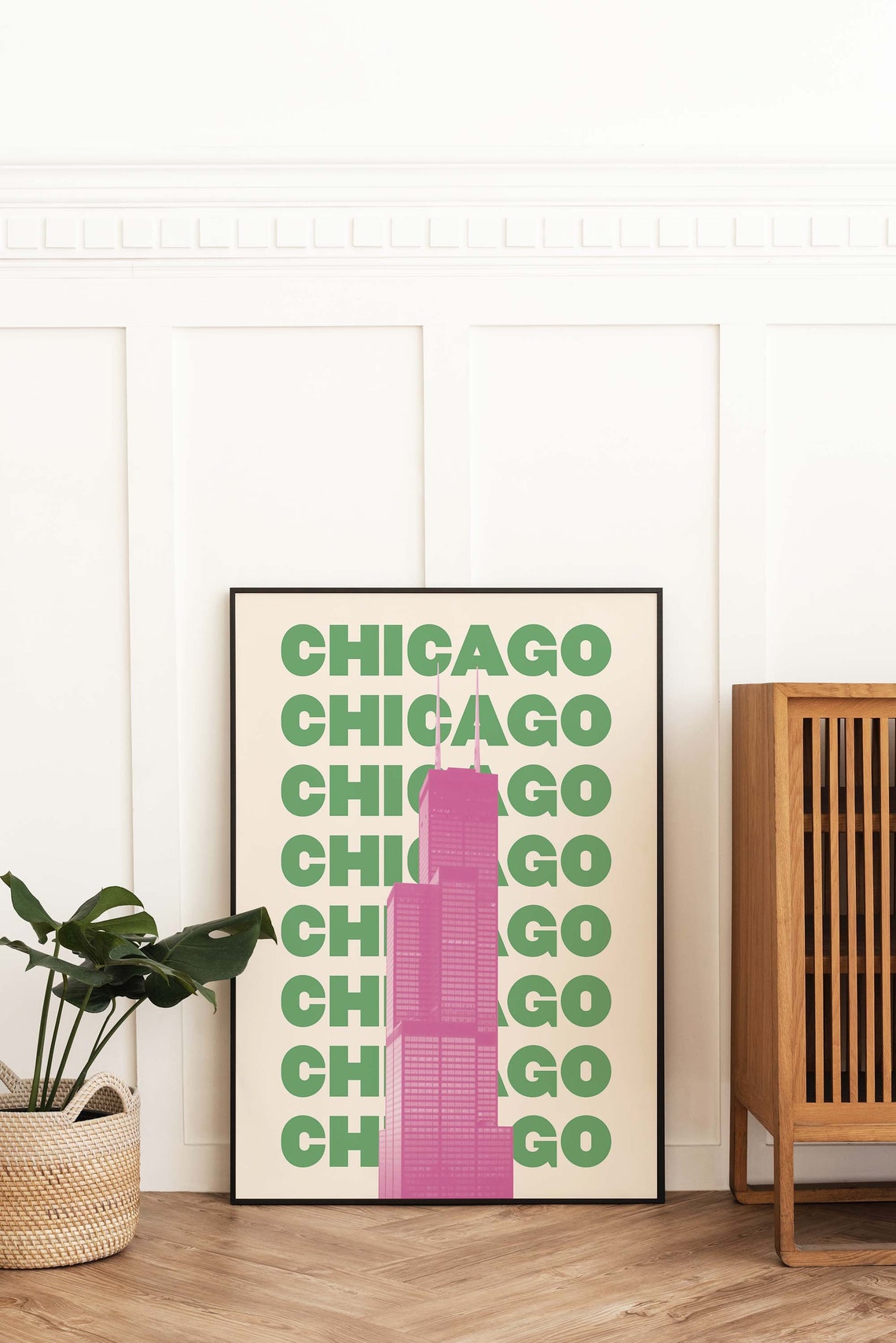 Chicago Willis Tower Pink Green Bold Skyline Graphic Art Poster - Image 3