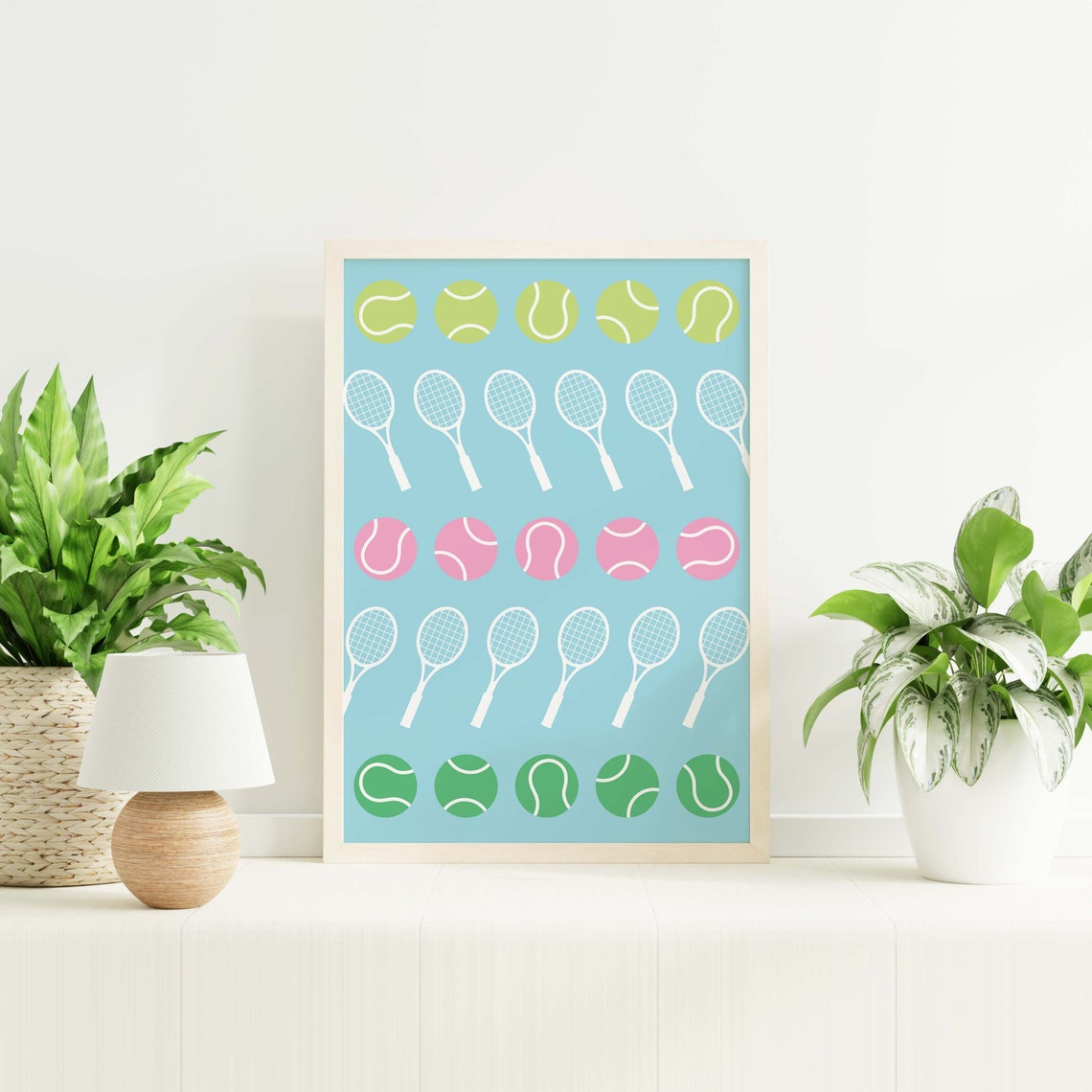 Tennis Racket Ball Pattern Blue Pink Pastel Sporty Wall Poster - Image 5