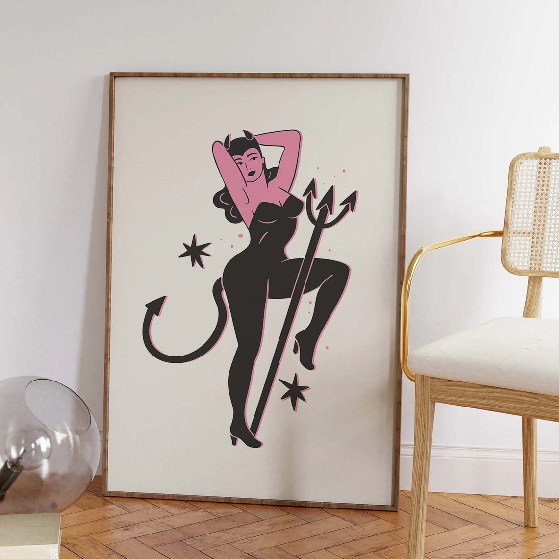 Devil Pinup Print Art Cute Pink Halloween Wall Decor Trendy Halloween Wall Art Spooky Season Poster - Image 2