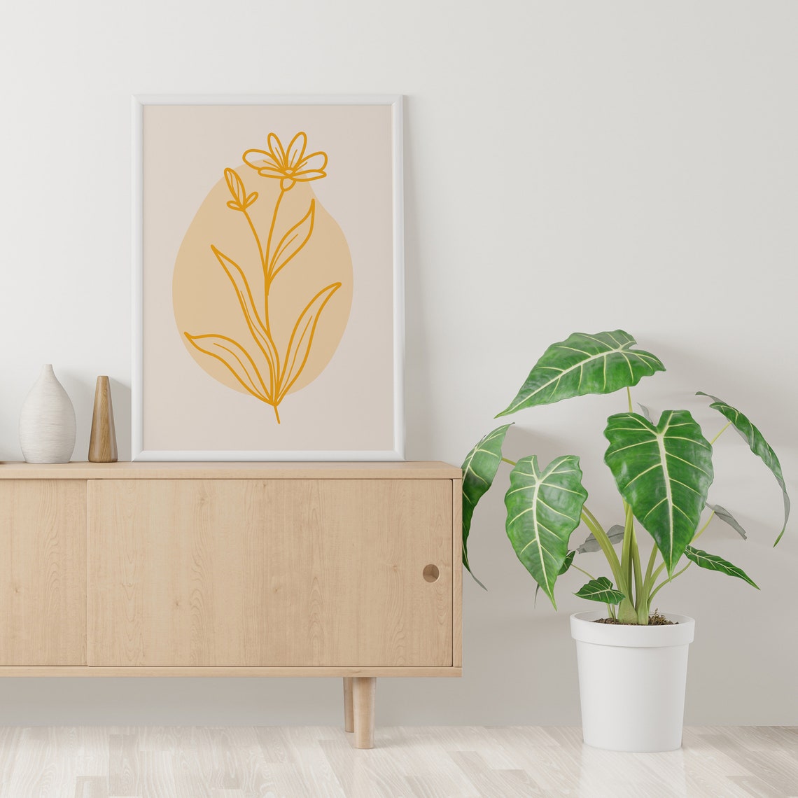 Mustard Daisy Line Art Poster with Golden Bloom and Leaves Drawing - Image 4