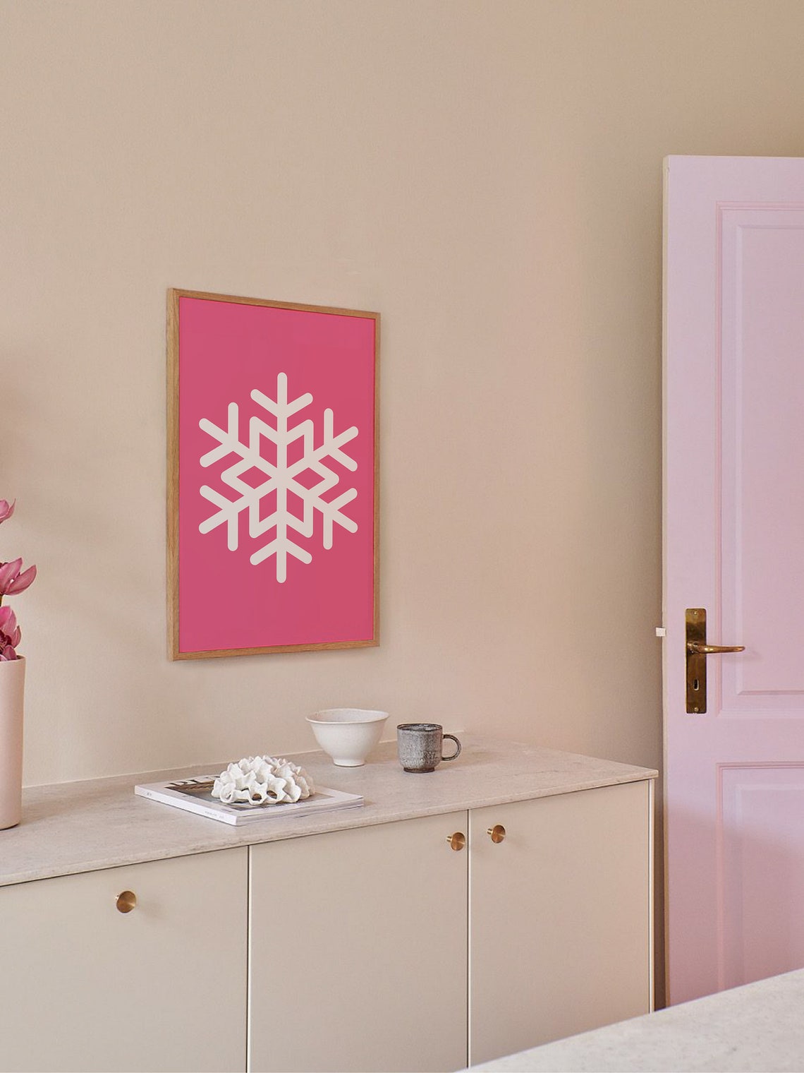 Pink Snowflake Print Art Cute Christmas Decor Pink Winter Holiday Wall Art - Image 4