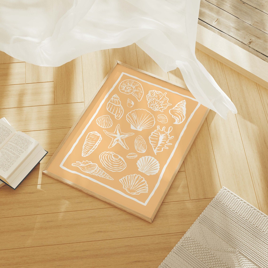 Apricot Seashell Collage White Line Art Starfish Beach Poster - Image 4