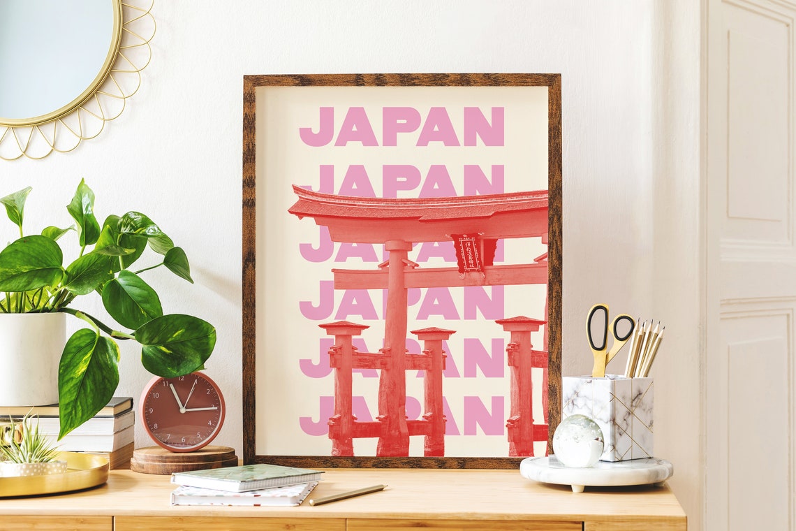 Japan Red Torii Gate Poster with Pink Repeated Typography Travel Art - Image 4