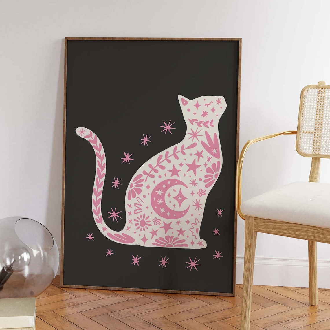 White Celestial Cat Black Background Pink Stars Halloween Poster - Image 5