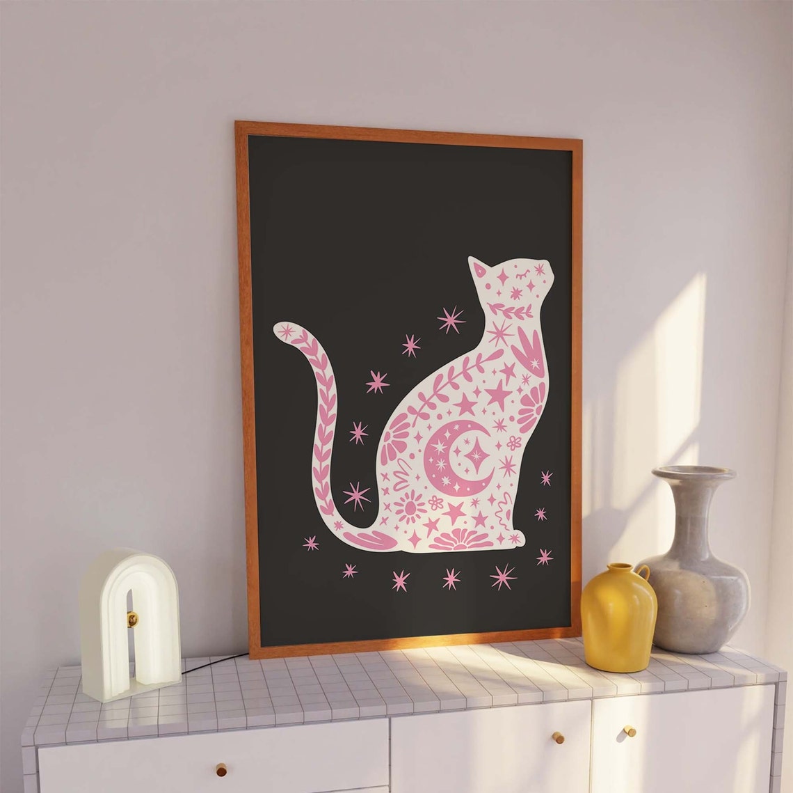 White Celestial Cat Black Background Pink Stars Halloween Poster - Image 4
