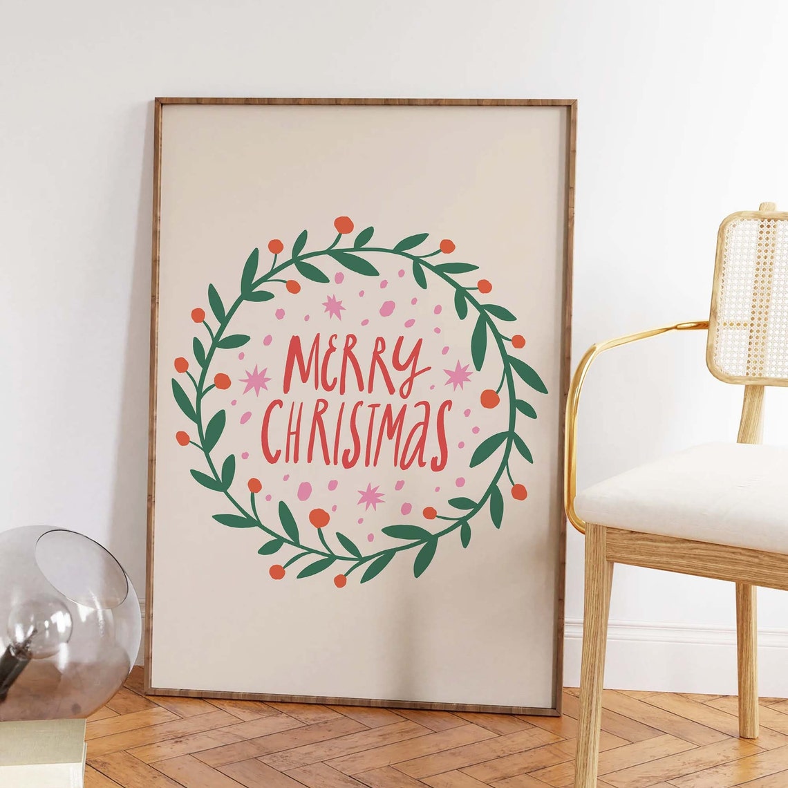 Merry Christmas Print Art Cute Christmas Decor Boho Holiday Wall Art Christmas Wreath Print - Image 3