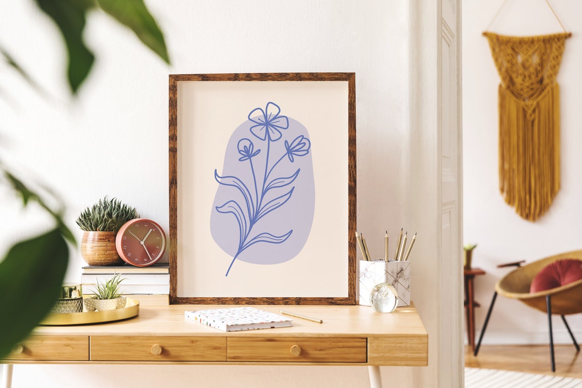 Blue Minimal Line Botanical Print Art Colorful Floral Art Cute Trendy Wall Art - Image 3