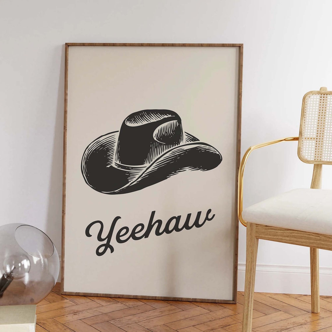 Black Cowboy Hat Yeehaw Retro Western Script Cream Art Poster - Image 2