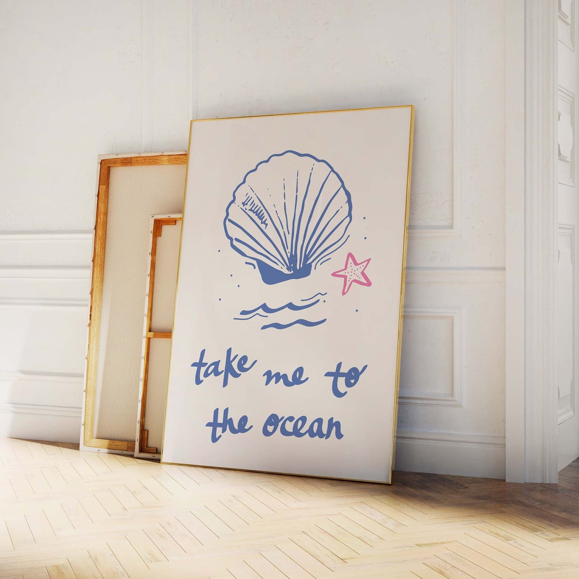 Take Me To The Ocean Quote Blue Shell Pink Starfish Beach Poster - Image 4