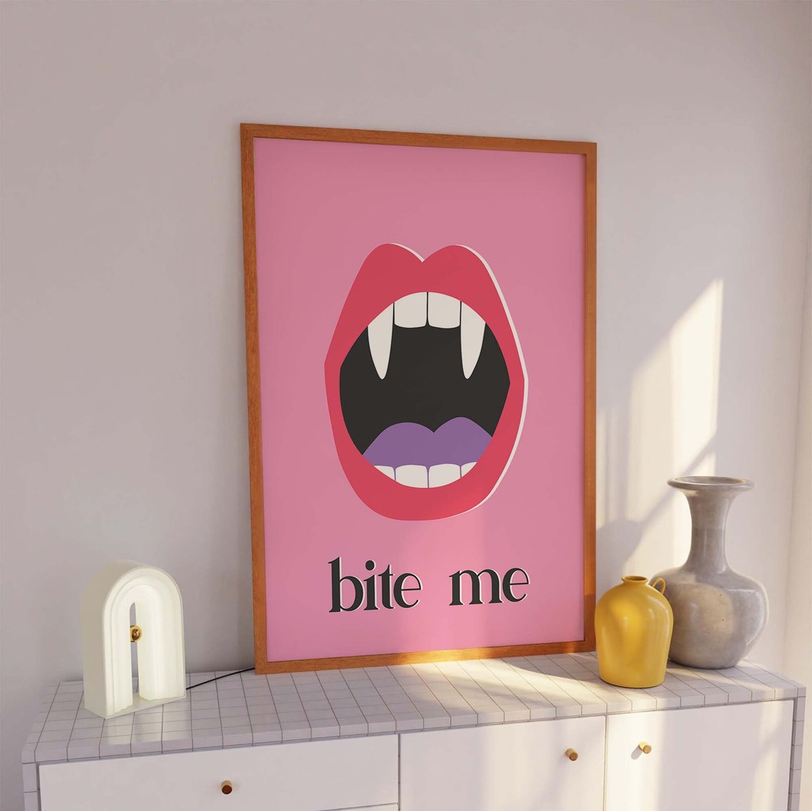 Bite Me Vampire Fangs Red Lips Pop Art Pink Halloween Wall Art - Image 3