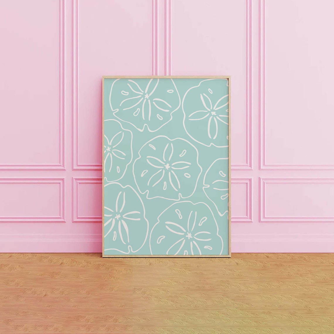 Mint Sand Dollar Pattern White Line Art Coastal Beach Poster - Image 3