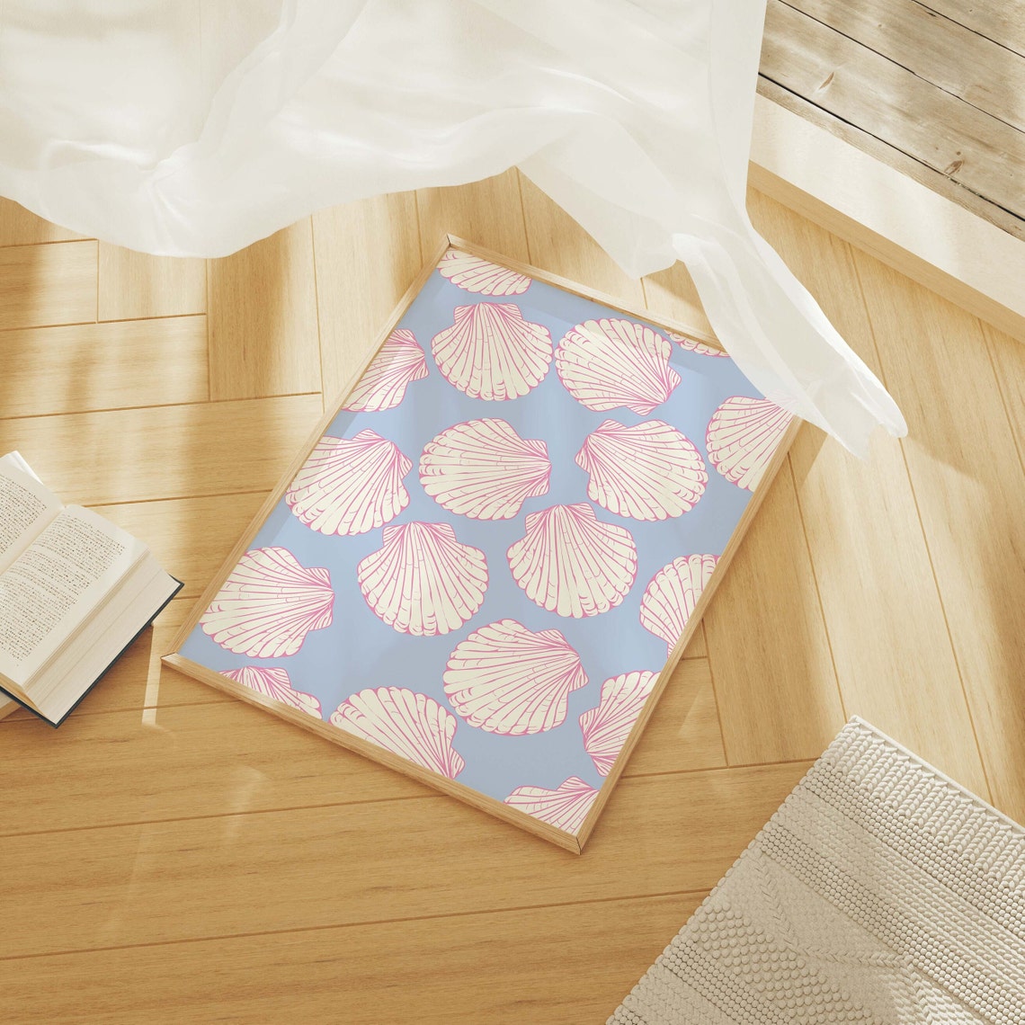 Scallop Shell Pattern Cream Pink Line Blue Coastal Girly Poster - Image 3