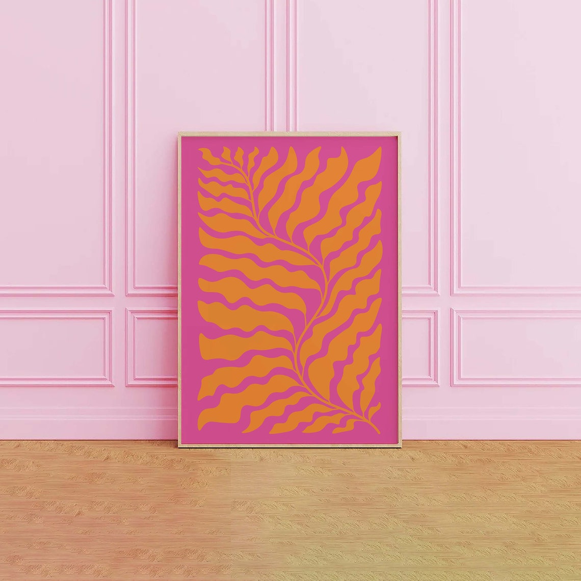 Orange Abstract Botanical Leaf Shapes on Pink Modern Retro Poster - Image 3