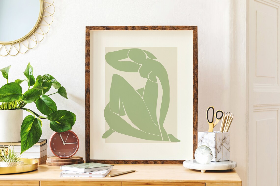 Sage Green Abstract Seated Nude Figure Paper Cut Out Art Poster - Image 5