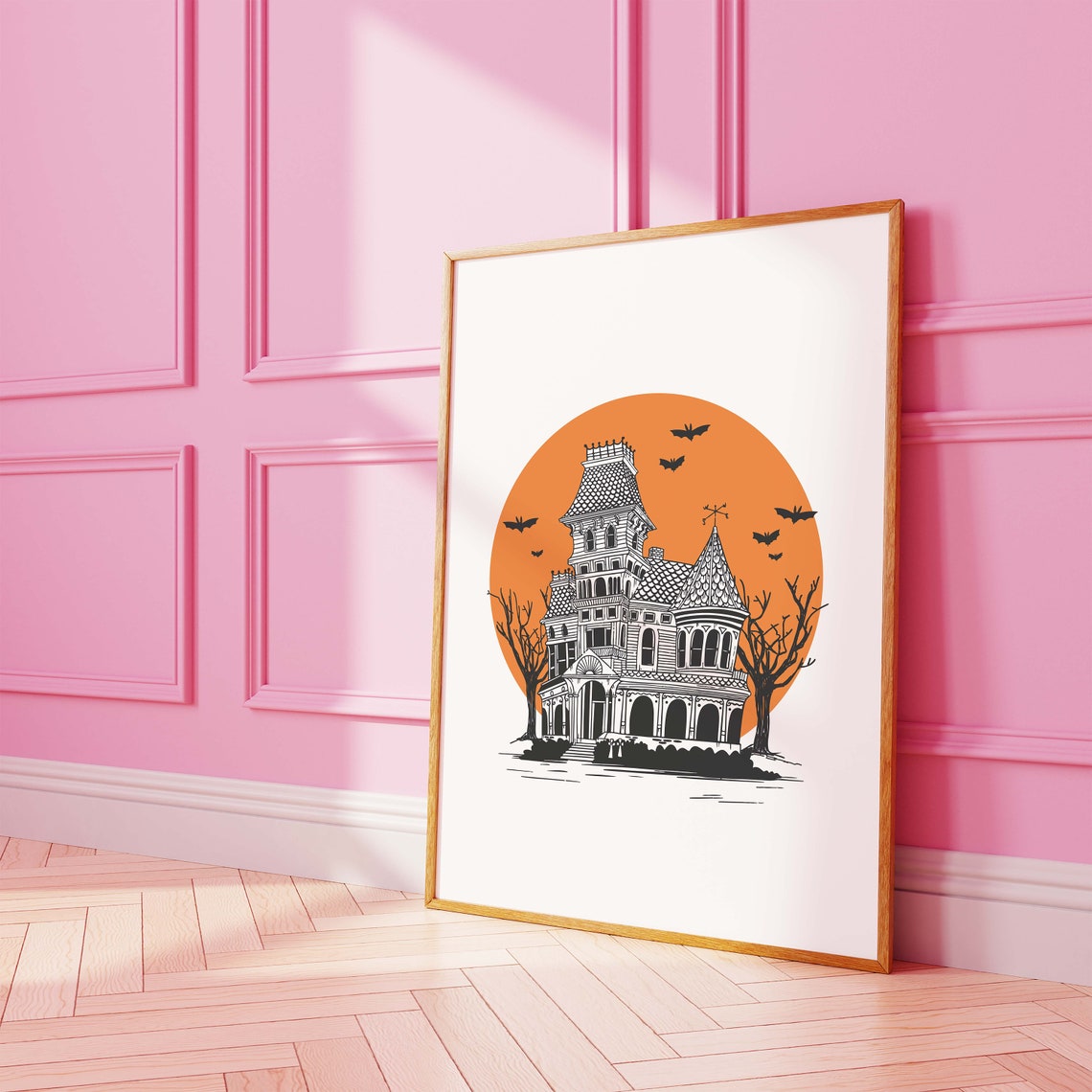 Victorian Haunted House Orange Moon Bats Halloween Decor Poster - Image 4