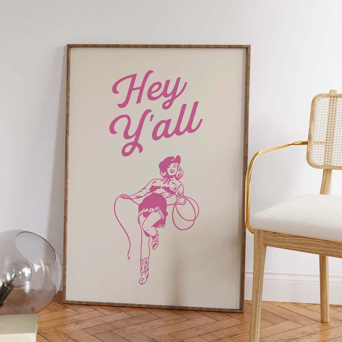 Hey Yall Pink Pinup Cowgirl Lasso Retro Western Script Art Poster - Image 3