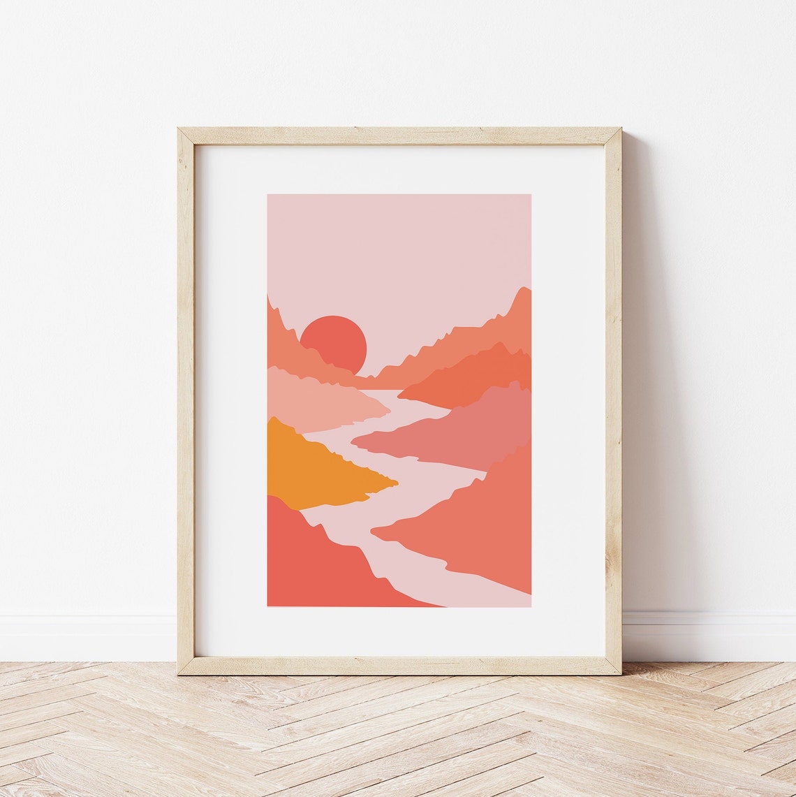 Canyon River Valley Red Sun Abstract Boho Landscape Art Poster
