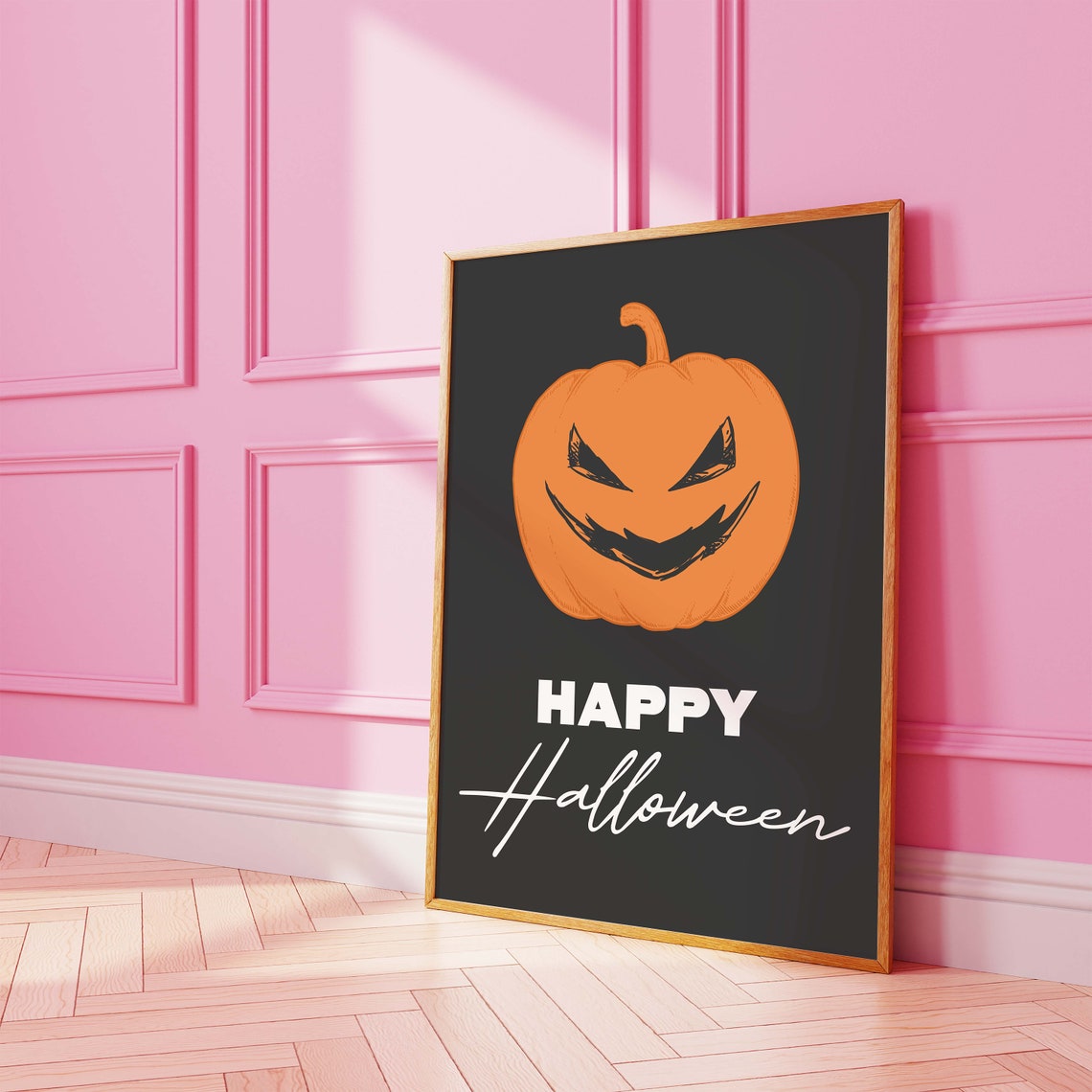 Happy Halloween Jack O Lantern Grinning Pumpkin Black Wall Art - Image 4