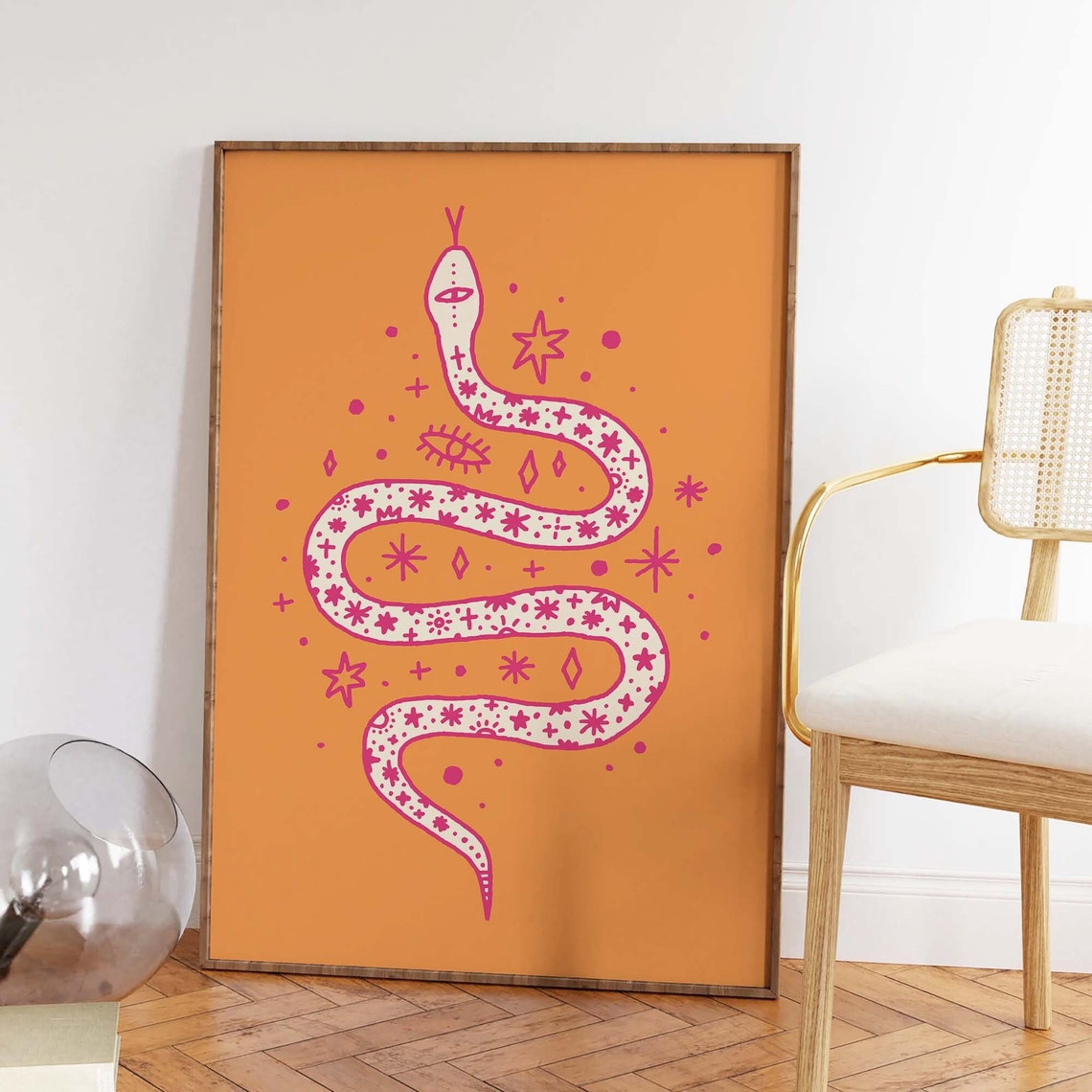Pink Celestial Snake Illustration Orange Boho Serpent Wall Print - Image 2