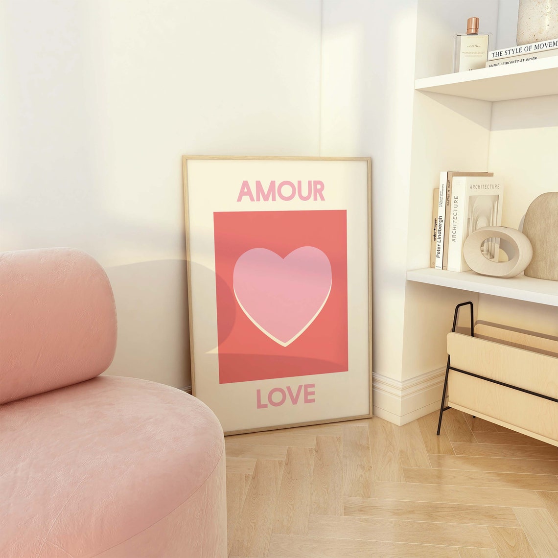 Amour Love Pink Heart Poster with Minimalist Retro Graphic Design - Image 2