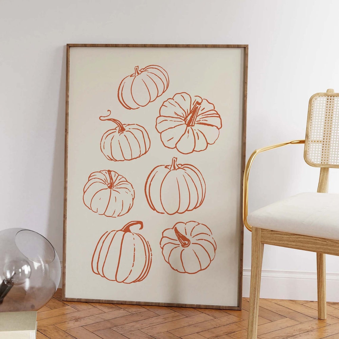 Orange Pumpkin Line Drawings Rustic Fall Art Wall Decor Poster - Image 3