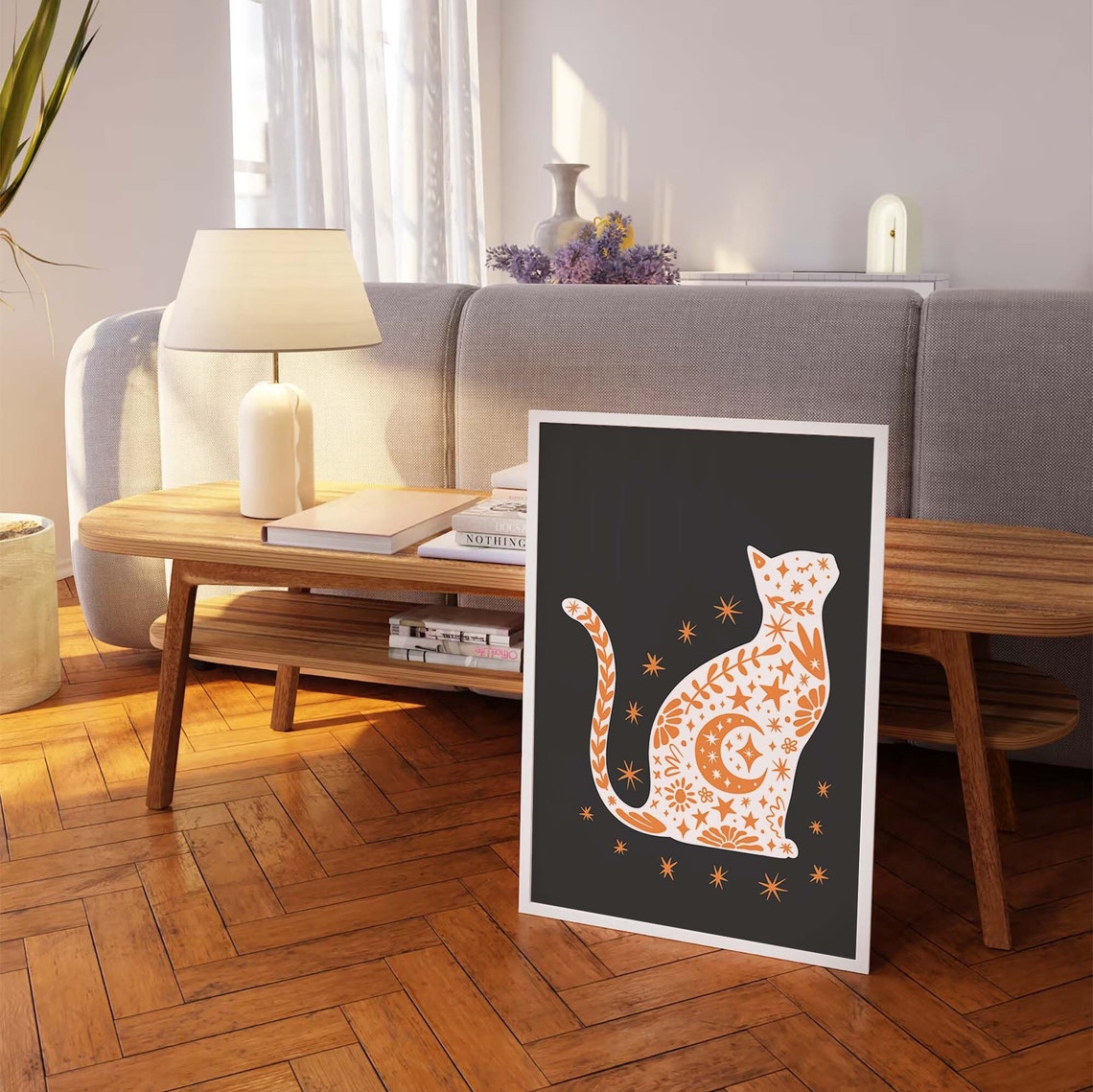 White Orange Celestial Cat Black Background Fall Halloween Poster - Image 7