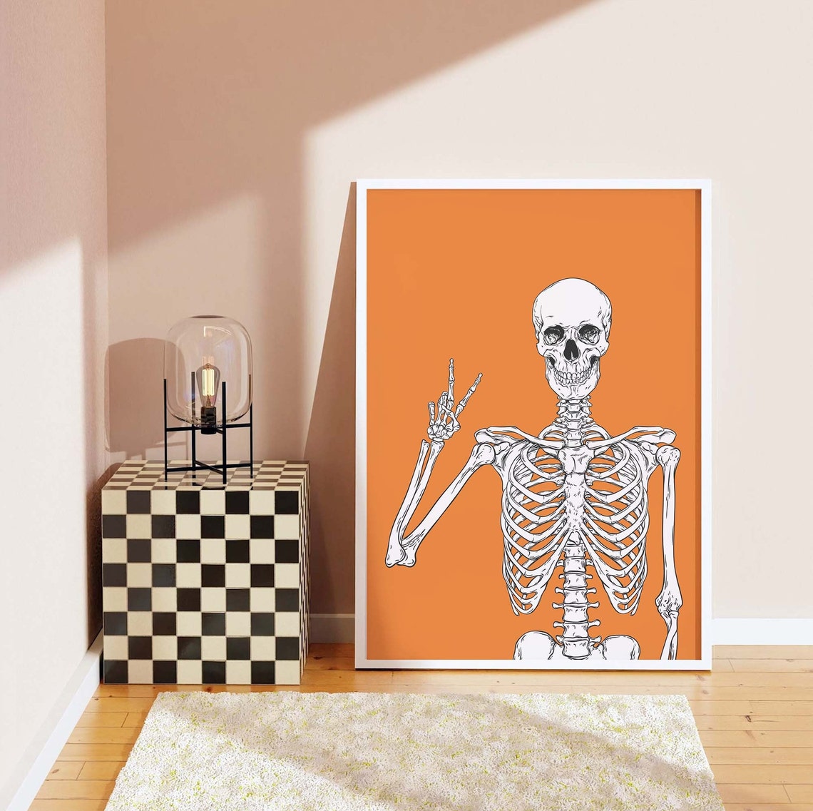 Gothic Skeleton Peace Sign Orange Background Halloween Art Poster - Image 7