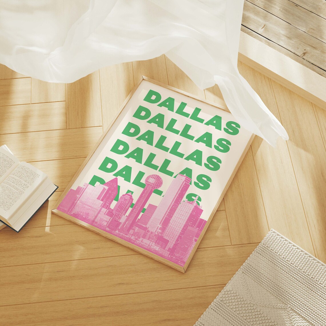Dallas Texas Pink Skyline Green Lettering Art Poster for City Decor - Image 2