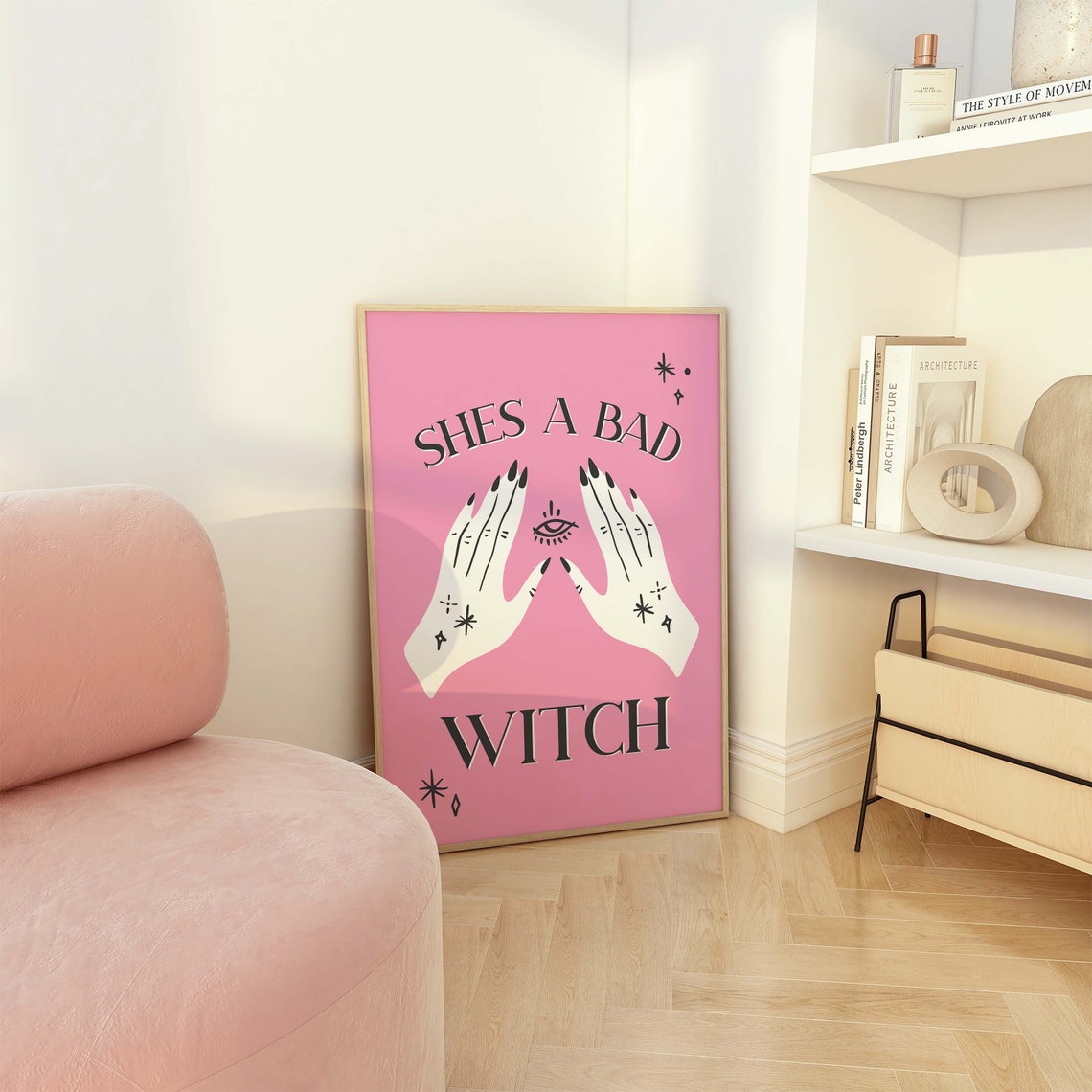 Shes A Bad Witch Hands Evil Eye Black on Pink Gothic Wall Art - Image 4